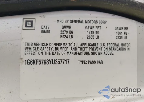 2000 Cadillac Deville Dts из США, поврежденный, VIN 1G6KF5798YU357717